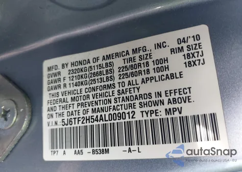 2010 Honda Accord Crosstour Ex-L z USA, uszkodzony, nr VIN 5J6TF2H54AL009012